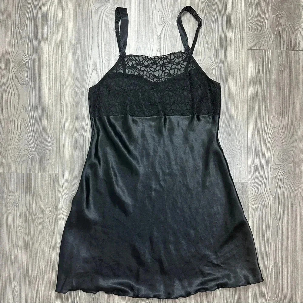 Black Satin Mini Slip Dress with‎ Lace Details